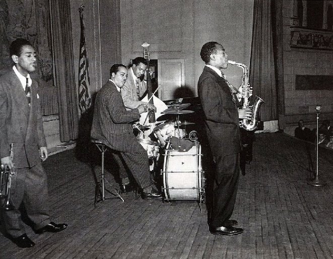Dizzy Gillespie, Sid Catlett, Curley Russel and Bird..jpg