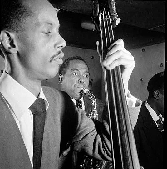 Tommy Potter, Charlie Parker & Miles Davis.jpg