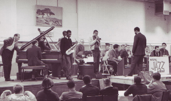 Ornette Coleman and Don Cherry perform with a large band at the Monterey Jazz Festival, 1959.jpg